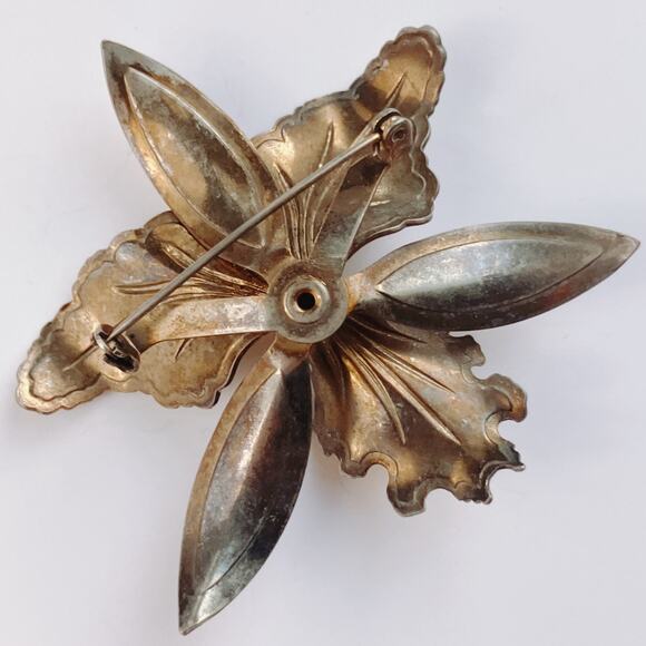 VTG 1950s Brooch Yellow Enamel Orchid Flower Gold Tone Mid Century Pin - Picture 8 of 9